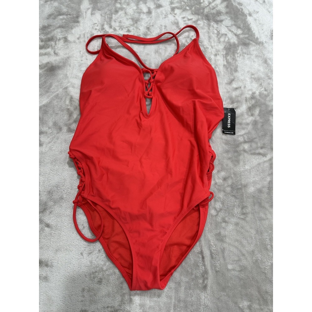 Express Swim One Piece Bathing Suit Women's Size Large Orange Red Strappy NWT